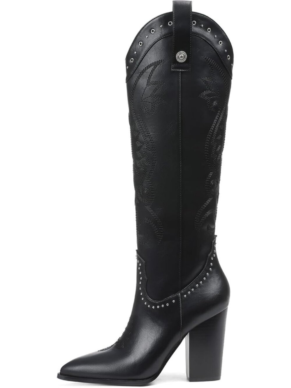 Women's Black Pointed Toe Chunky High Heels Pull On Embroidered Western Boots